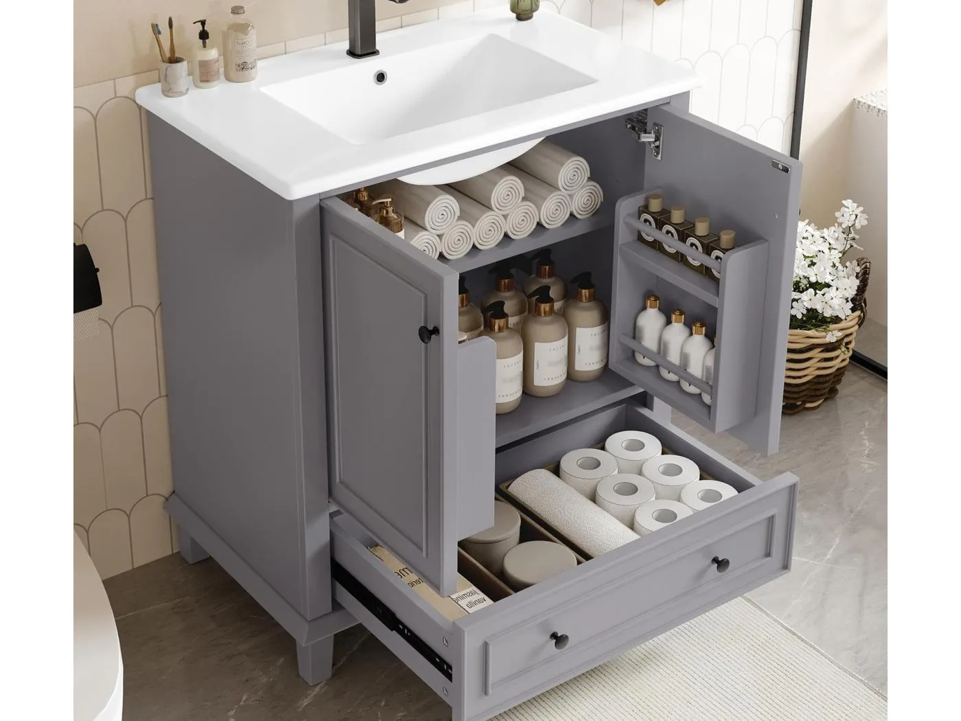 Badezimmerschrank mit Füßen - mit Keramikwaschbecken - 2 Türen und 1 Schublade - Grau (Armatur nicht enthalten)