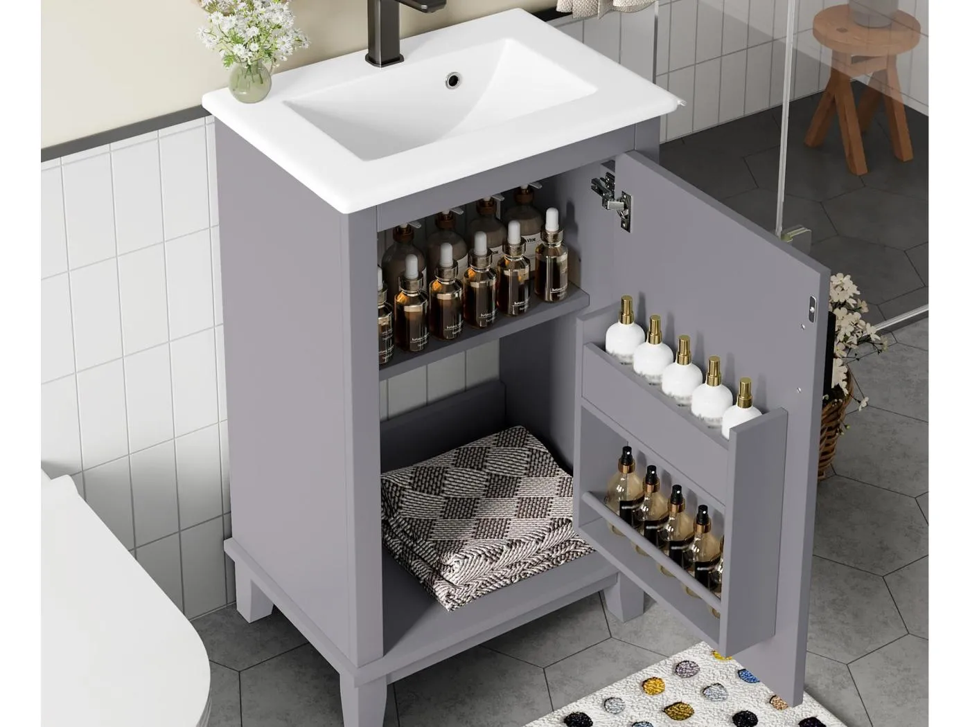 Badezimmerschrank mit Füßen - mit Keramikwaschbecken - 1 Tür - höhenverstellbare Fächer - Grau (Armatur nicht enthalten)