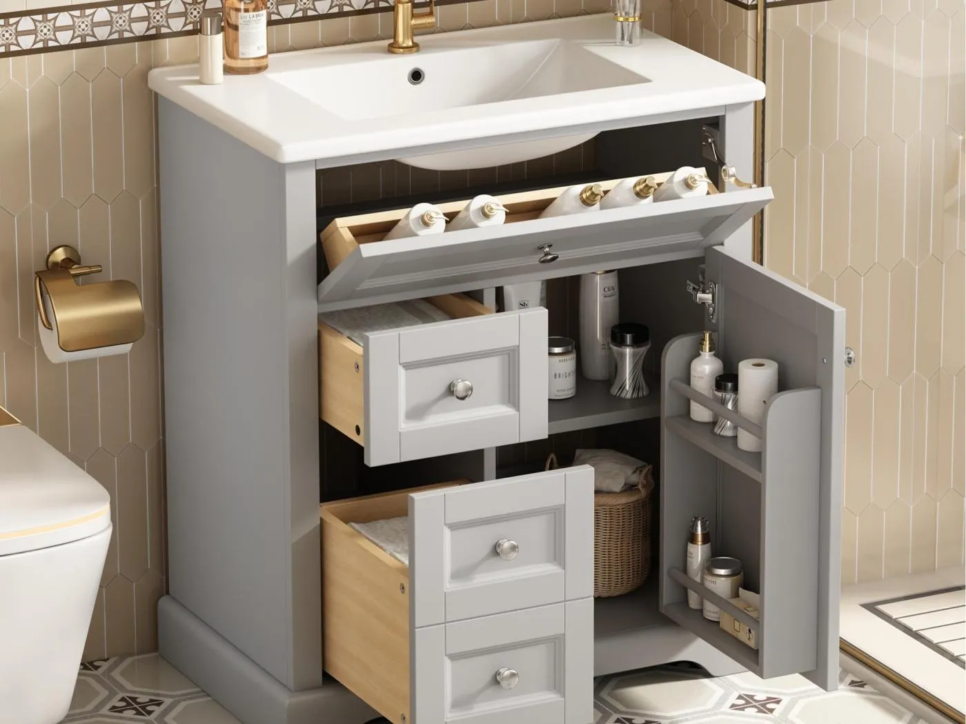 Badezimmerschrank mit Keramikwaschbecken - 1 Tür und 2 Schubladen - grau (Armatur nicht enthalten)