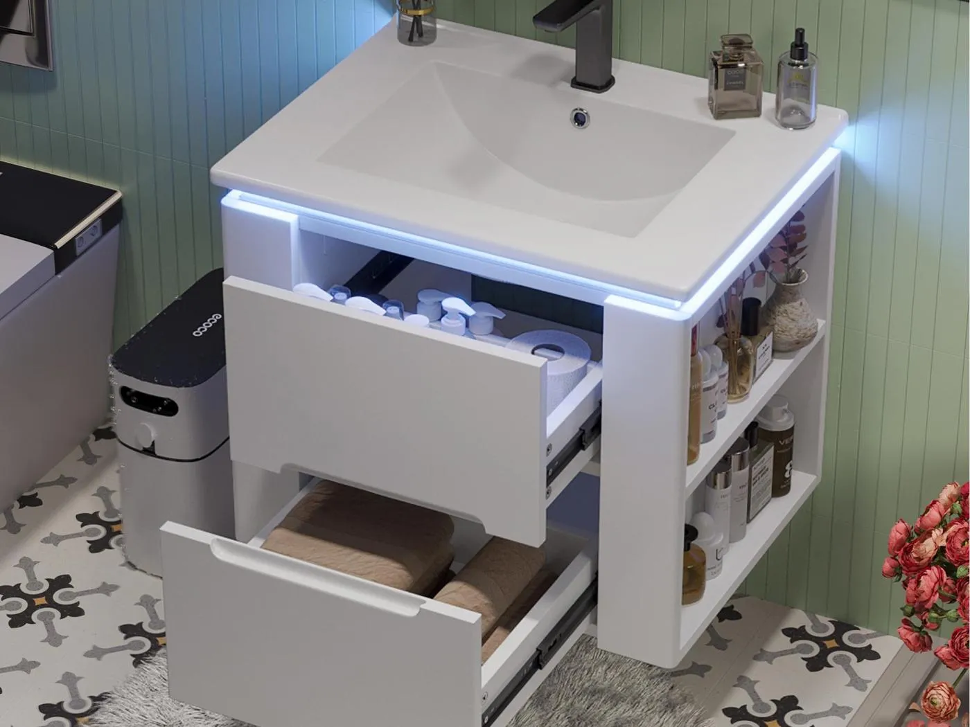 Hängender Badezimmerschrank mit Keramikwaschbecken - mit LED-Beleuchtung - 2 Schubladen - 2 Seitenregale - weiß (Armatur nicht enthalten)