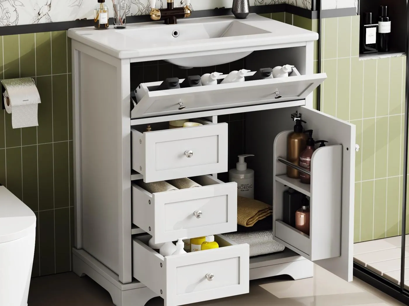 Badezimmerschrank mit Keramikwaschbecken - 1 Tür und 3 Schubladen - weiß (Armatur nicht enthalten)