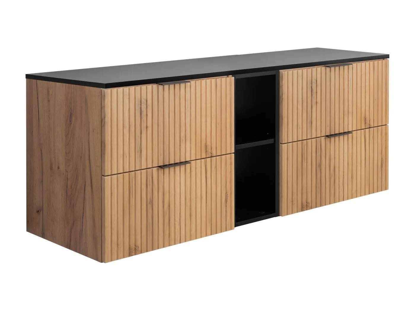 Geriffelter Waschtischunterschrank FLOW 140 cm Eiche mit schwarzem Regal und Platte
