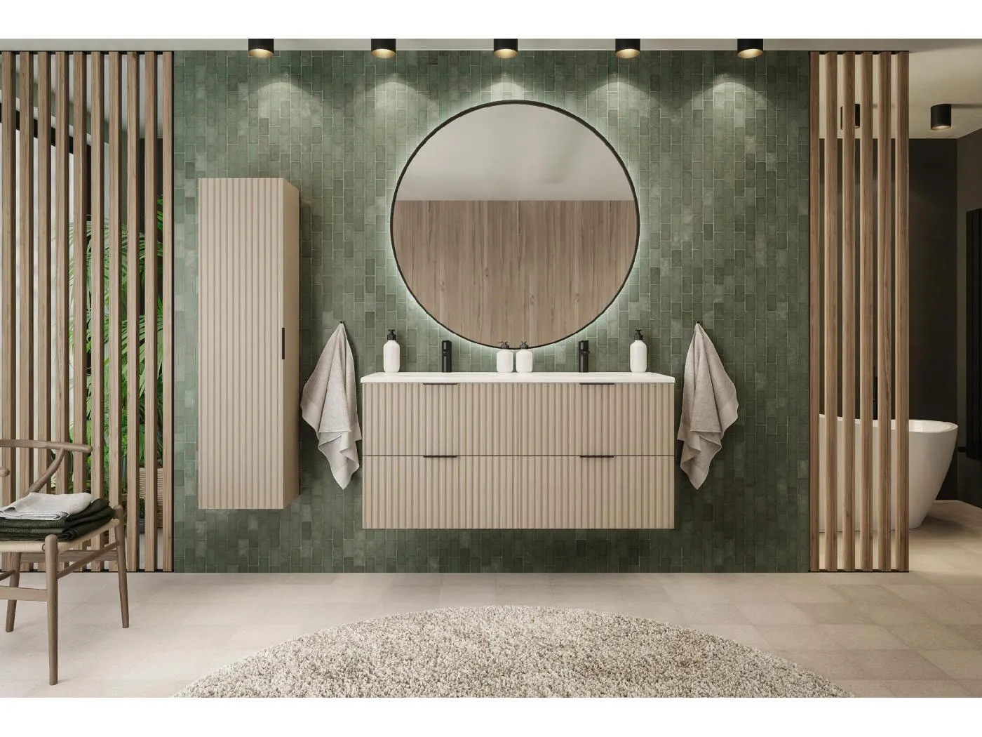 Geriffelter Waschtischunterschrank FLOW 160 cm Kaschmir mit Platte