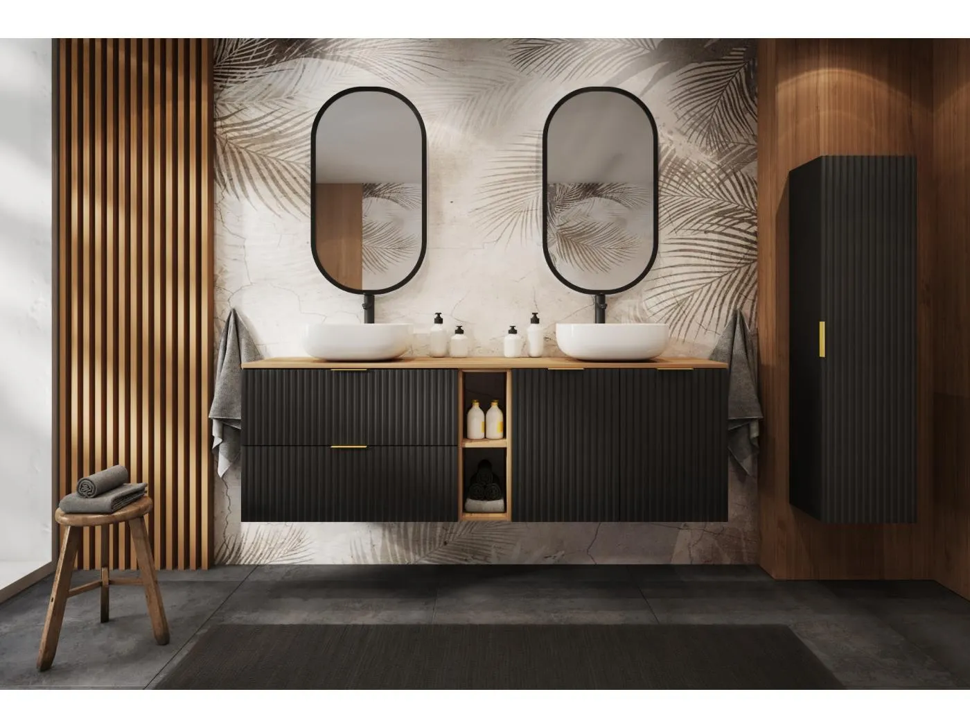 Geriffelter Waschtischunterschrank FLOW 140 cm Schwarz mit Regal und Platte in Eiche Craft Gold