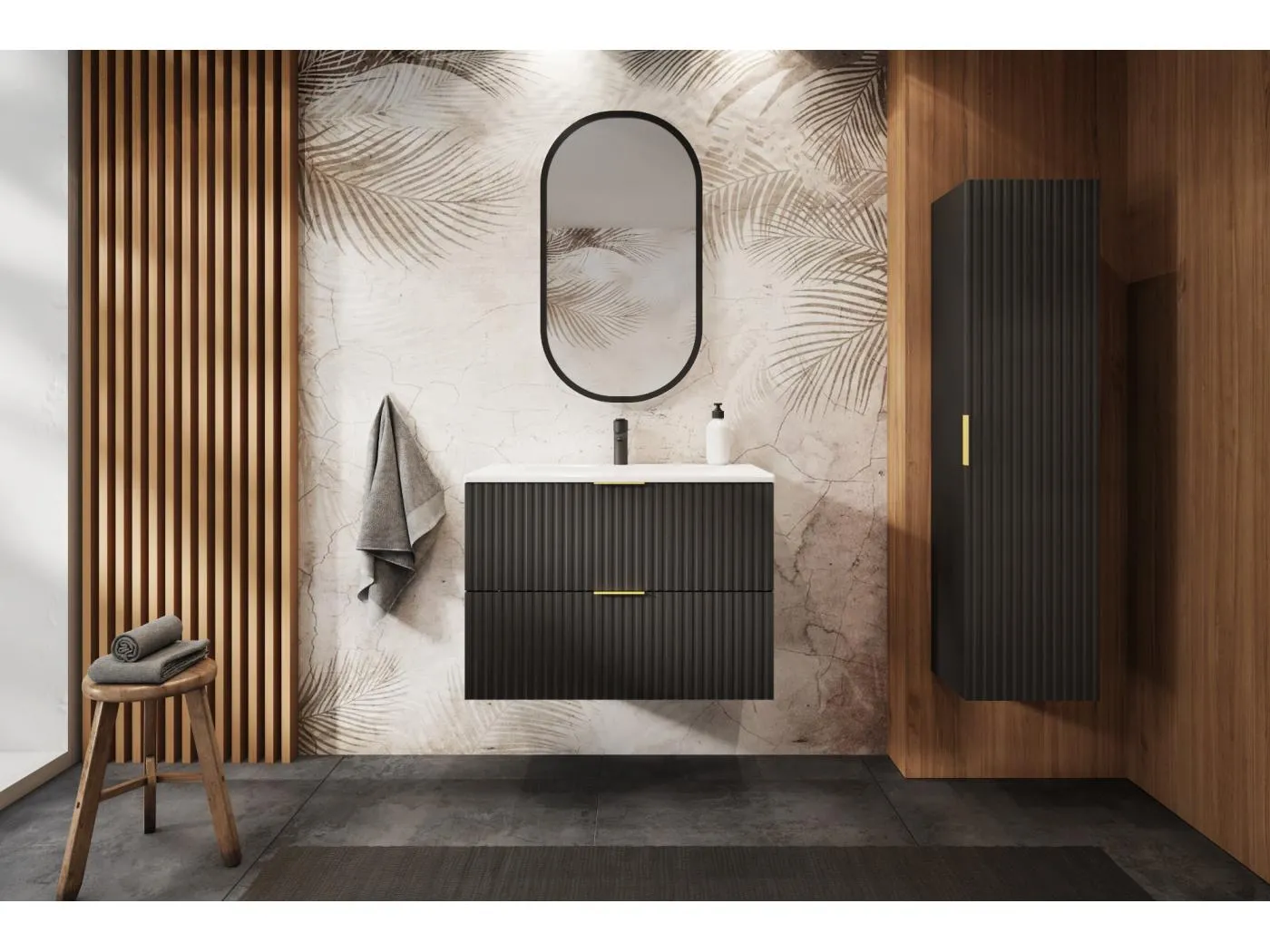 Geriffelter Waschtischunterschrank FLOW 80 cm Schwarz