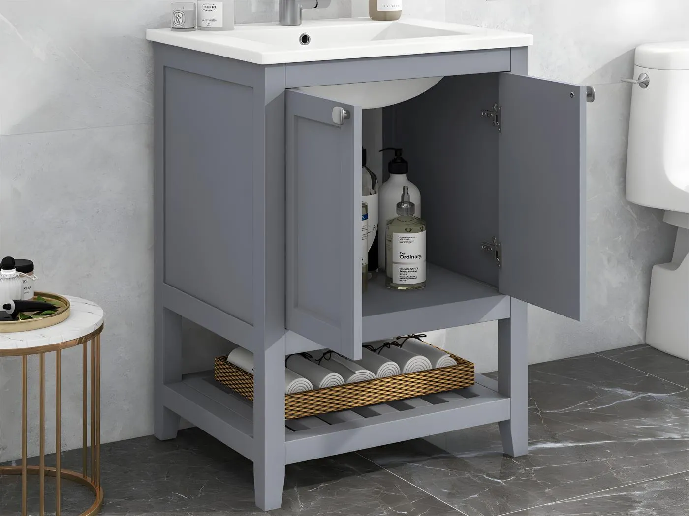 Badezimmermöbel mit Keramikwaschbecken – 2 Türen und Ablage unten – Grau (Wasserhahn nicht im Lieferumfang enthalten)