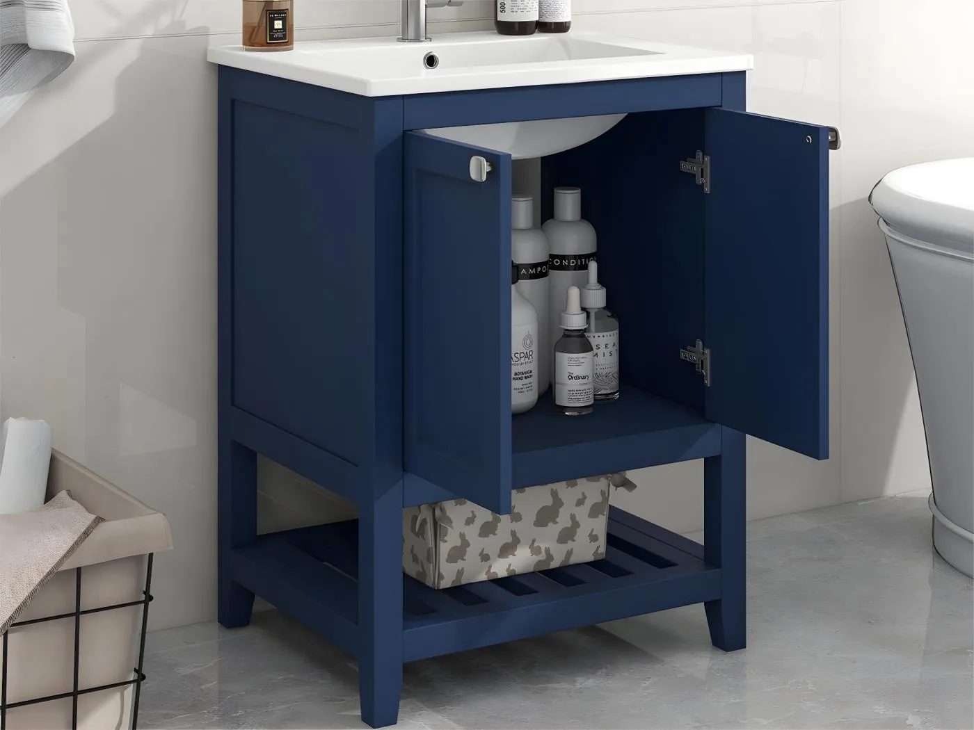 Badezimmermöbel mit Keramikwaschbecken – 2 Türen und Ablage unten – Blau (Wasserhahn nicht im Lieferumfang enthalten)