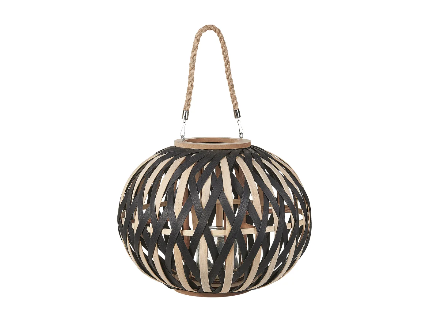 Laterne Bambusholz hellbraun 37 cm mit Griff Glaseinsatz rund Deko Boho Besah