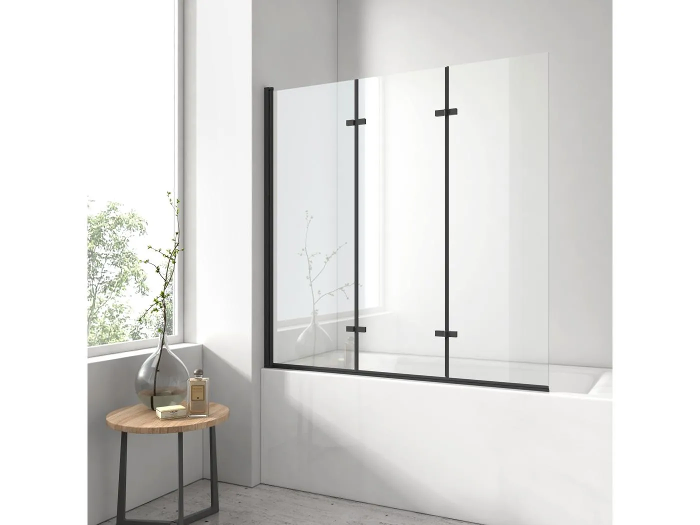 EMKE Badewannen-Duschabtrennung, schwarze matte 3-teilige Faltwand 120x140cm, 6mm NANO GLASS