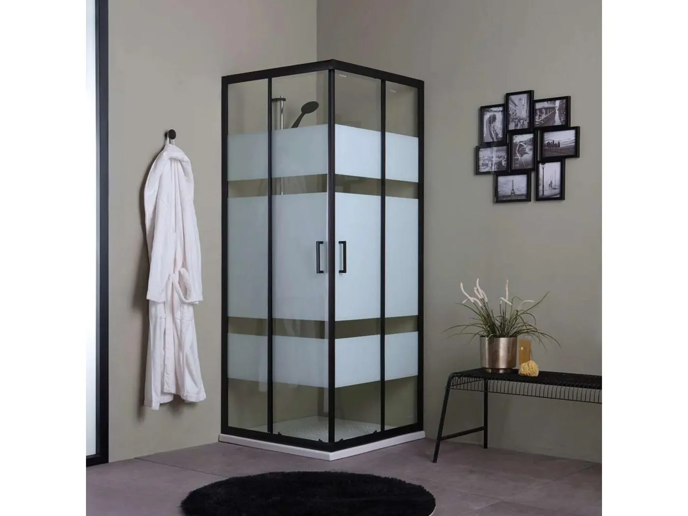 Moderne Duschkabine für Badezimmer „Cielo“ mit Schiebetür, Siebdruck und mattschwarzem Profil, 80 x 100 cm, 190 h