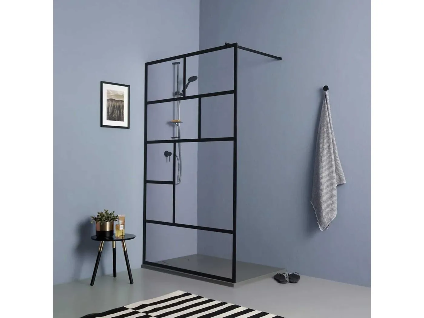 Moderne Duschwand "Walk" aus transparentem Glas und mattschwarzem Rahmen cm 100x200h