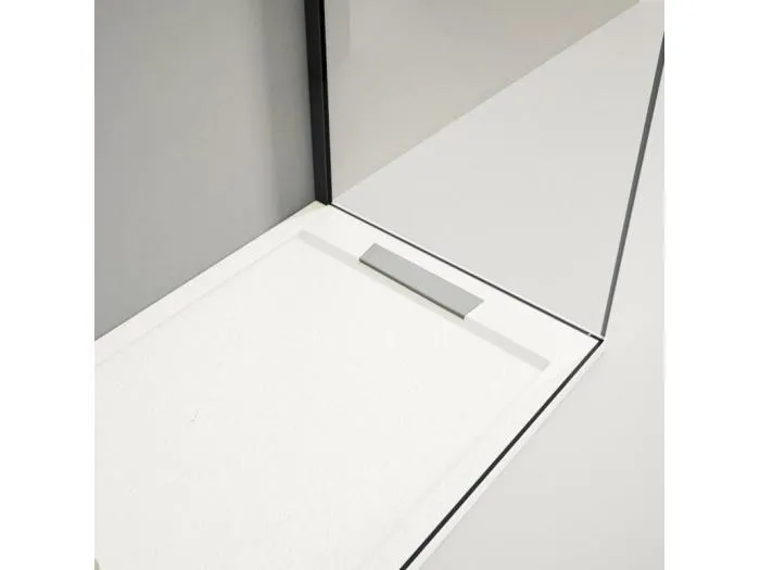 Mineralguss-Duschwanne extra flach LUX Schieferoptik weiß 80x130cm Edelstahl in chrom