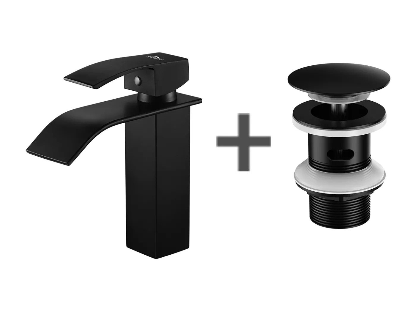 Wasserfall-Waschtisch-Mischbatterie für Spüle/Van + Spülbeckenablauf, Pop-up-Ablauf mit automatischem Überlauf, universell, schwarz
