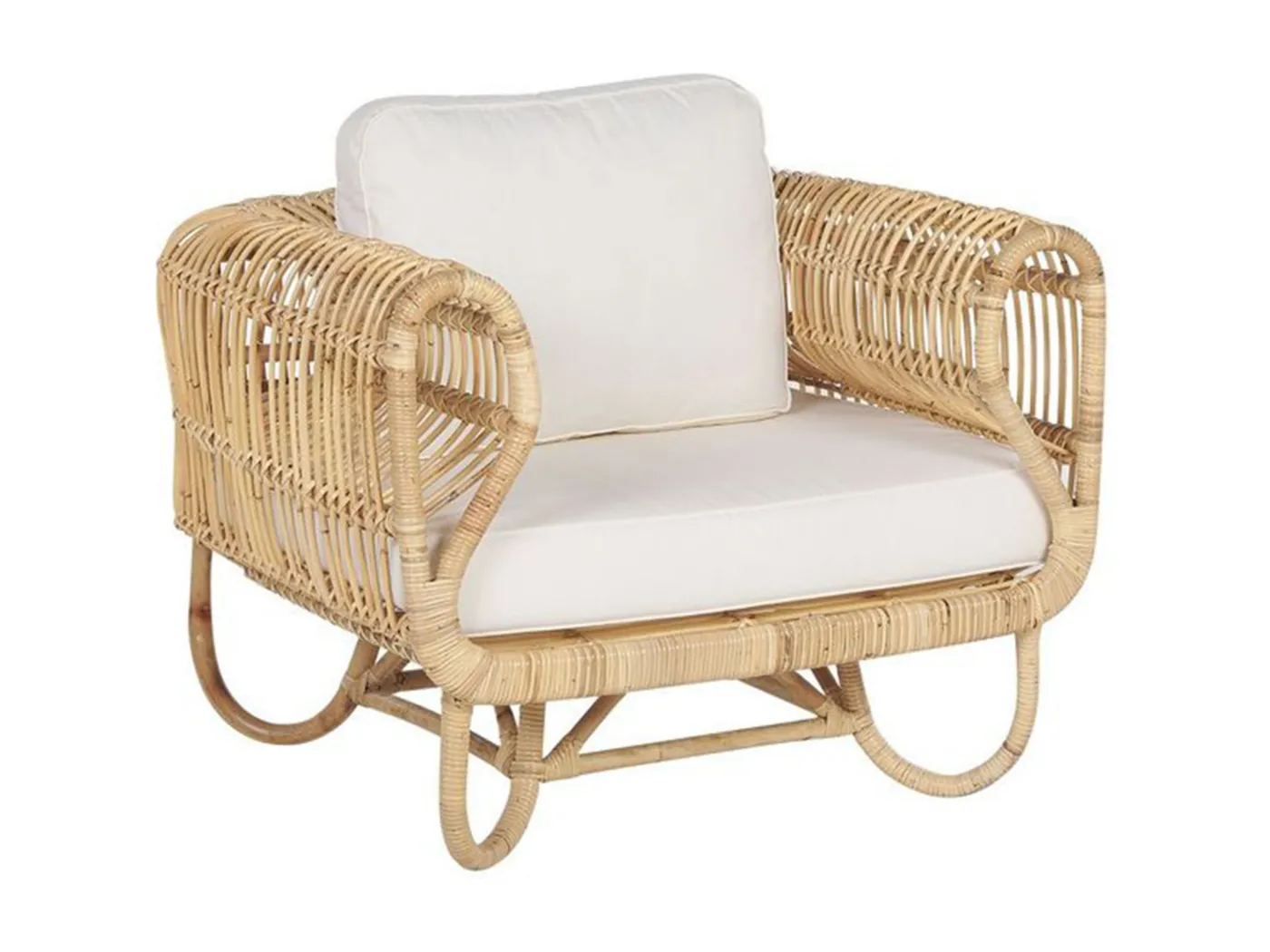 Stilvoller Gartensessel aus Rattan in Hellbraun Auflagen in hellem Beige Dolcedo