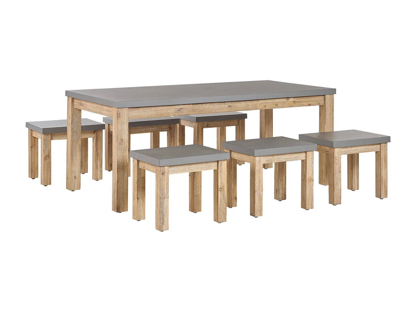 Trendy Gartenmöbel Set Faserzement Akazienholz Tisch miit 6 Hockern grau Ostuni