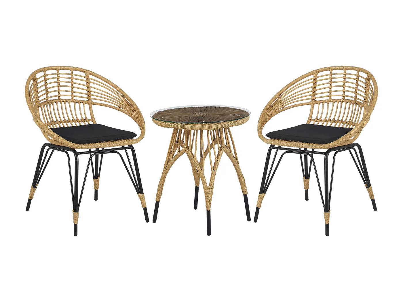 Balkonset Tisch mit 2 Sesseln Rattan hellbraun Metall schwarz Auflagen Pellaro