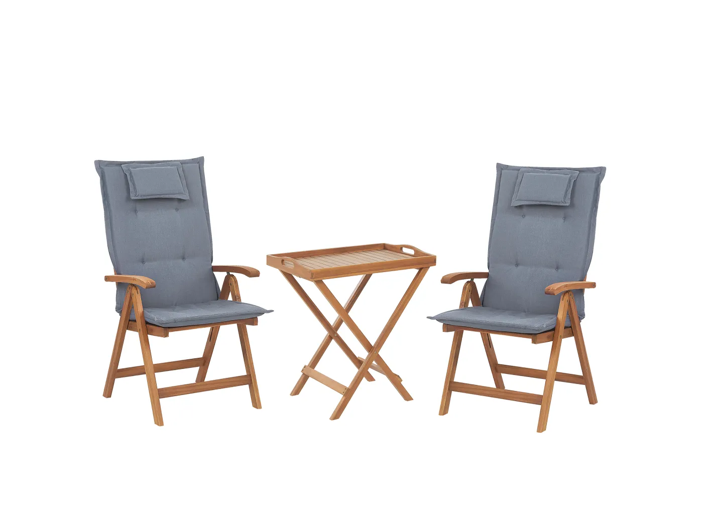 Balkonset Akazienholz hellbraun Tisch mit 2 Stühlen und Auflagen blau Java