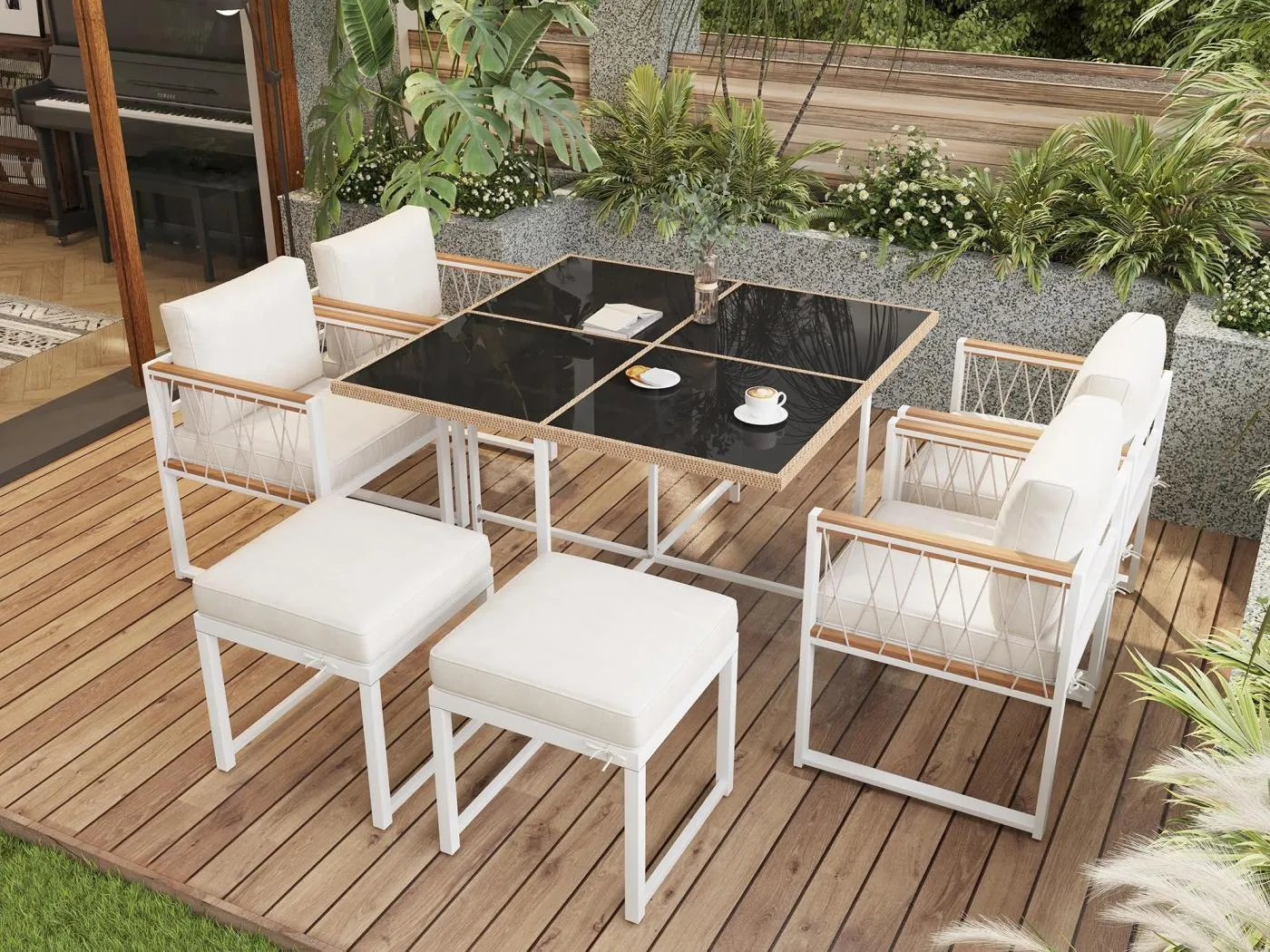 Garten-Esszimmer-Satz für 6 Personen, Tisch aus gehärtetem Glas, Struktur aus galvanisiertem Eisen, 4 Stühle, 2 Hocker, 1 Tisch, Weiß