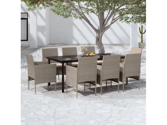 9-tlg. Garten-Essgruppe mit Kissen Beige und Schwarz