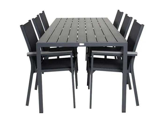Break Gartenset Tisch 90x205cm schwarz, 6 Stühle schwarz.