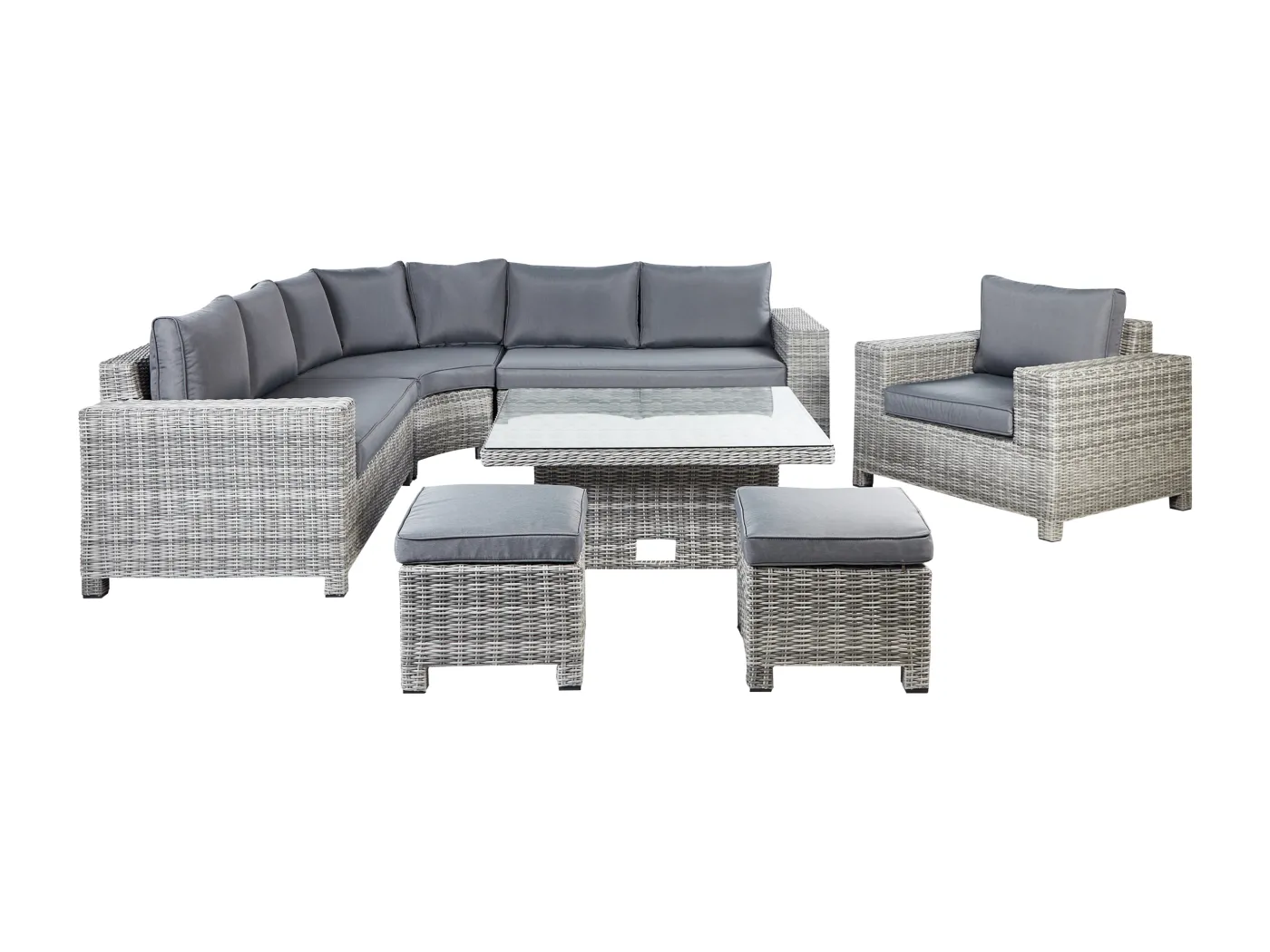 9-Sitzer Lounge Set Rattan grau Ecksofa 2 Ottomanen Auflagen Tisch Sessel Teglio