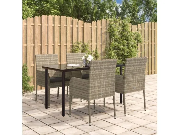 5-tlg. Garten-Essgruppe,Gartensitzgruppe mit Kissen Schwarz und Grau Poly Rattan -gkd65333