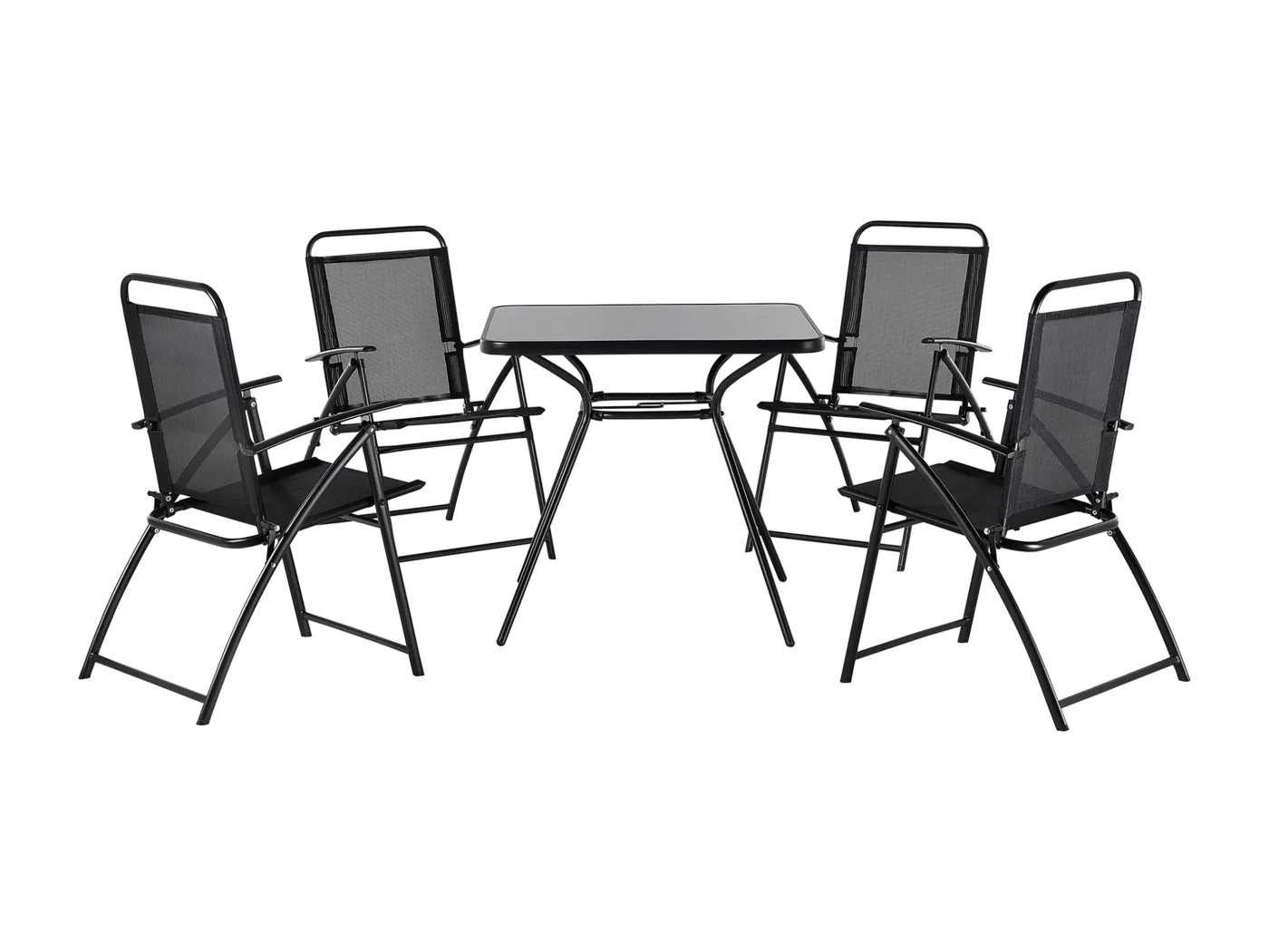 Modernes Gartenmöbel Tisch mit 4 Stühlen Metall/Sicherheitsglas schwarz Livo