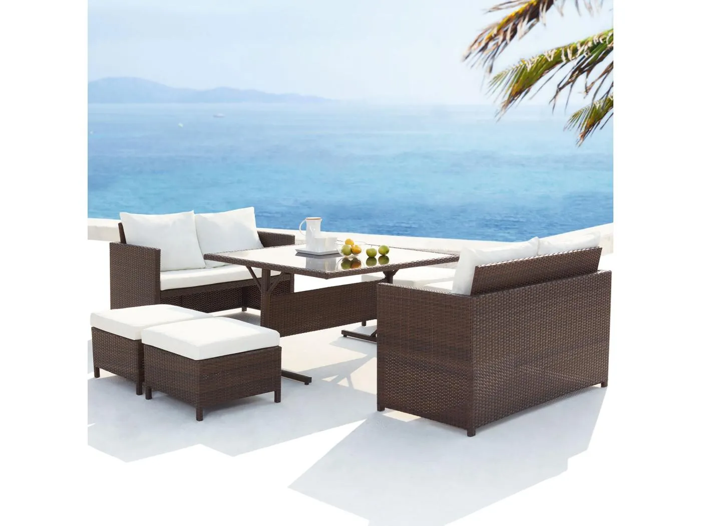 Gartenmöbel-Set aus braunem/weißem Polyrattan für 8 Personen NOUMEA