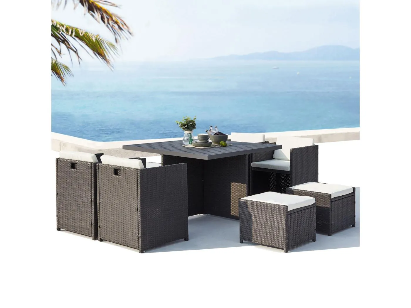 Gartenlounge 8 Plätze aus Polyrattan und Aluminium Grau/Weiß Sunset