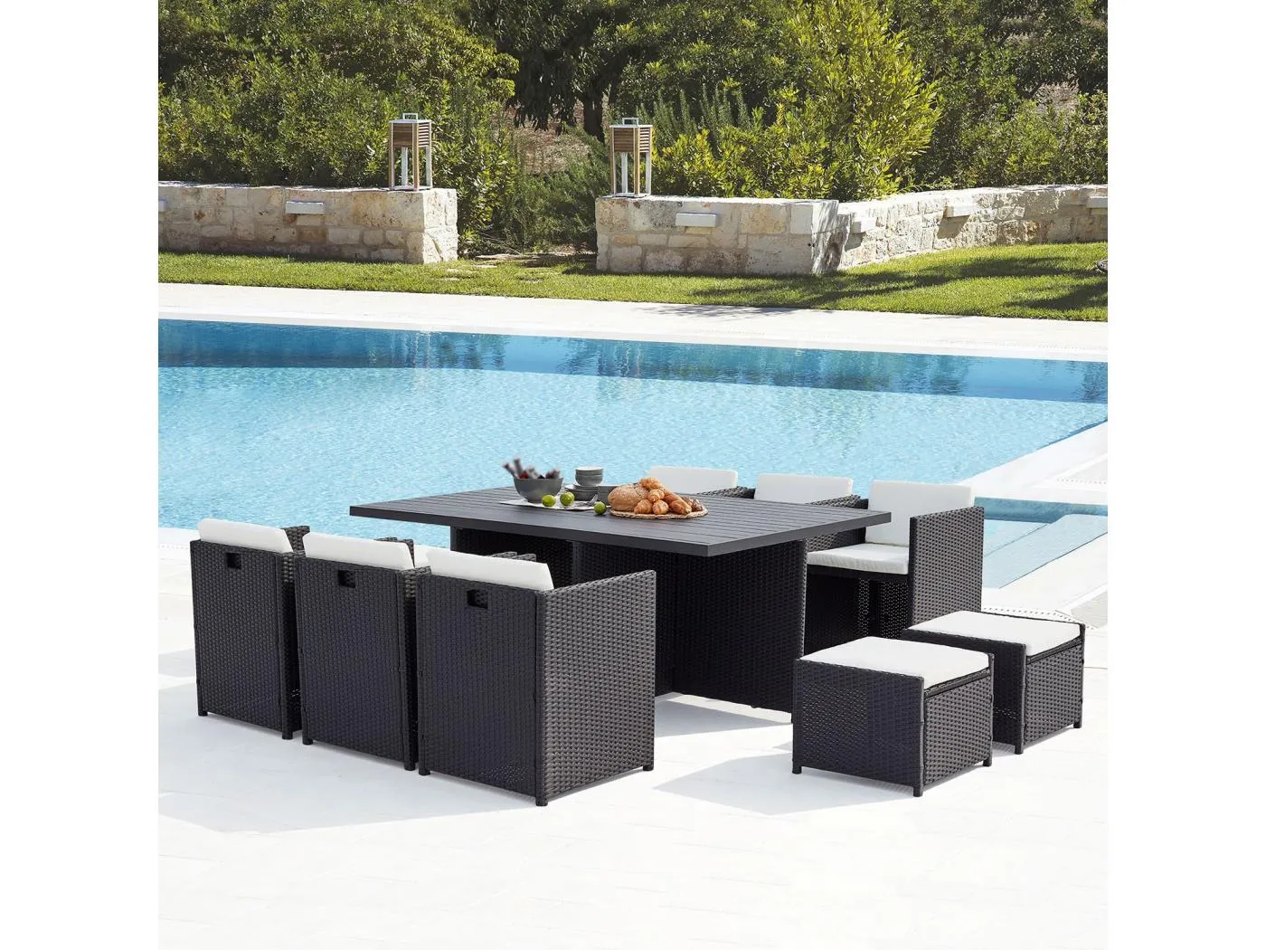 Gartenmöbel-Set für 10 Personen, Rattan und Aluminium in Schwarz/Weiß SUNSET