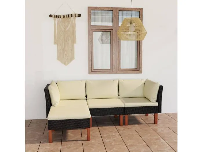 4-tlg. Garten-Lounge-Set mit Kissen Poly Rattan Schwarz