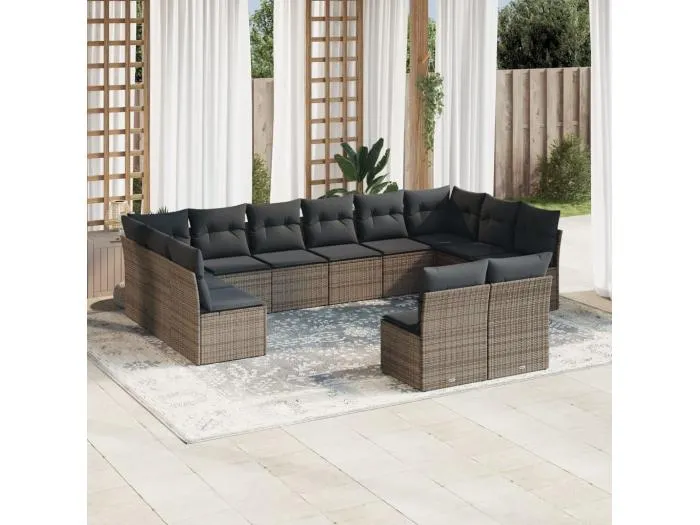 12-tlg. Garten-Sofagarnitur mit Kissen Grau Poly Rattan