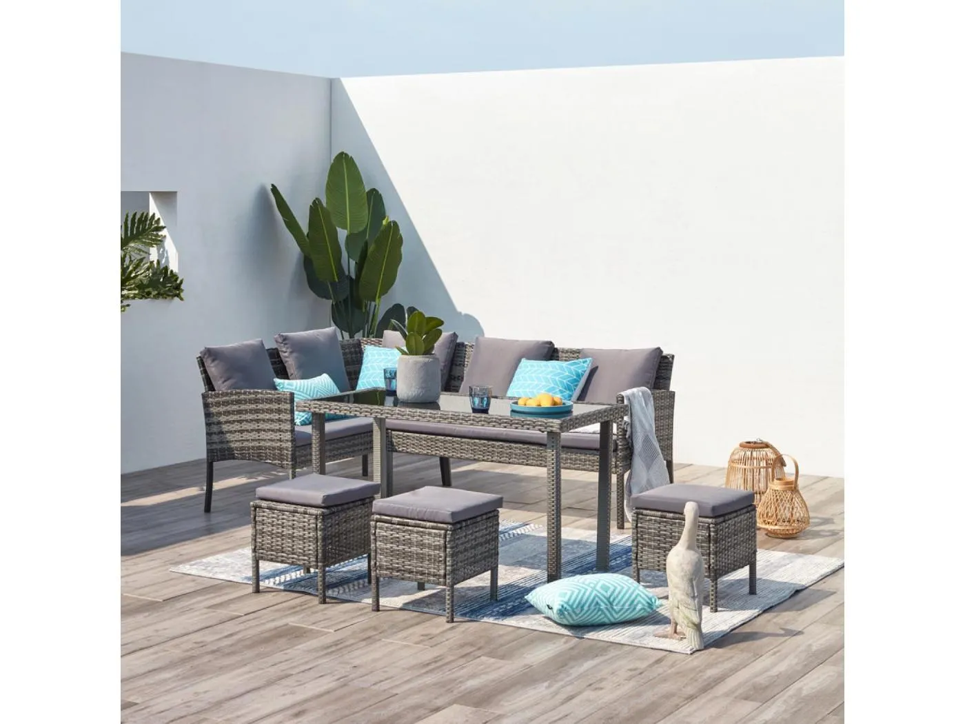 Gartenmöbelset 8 Plätze aus schwarz/grauem Kunstharz CORDOBA mit Ecksofa und 3 Hockern