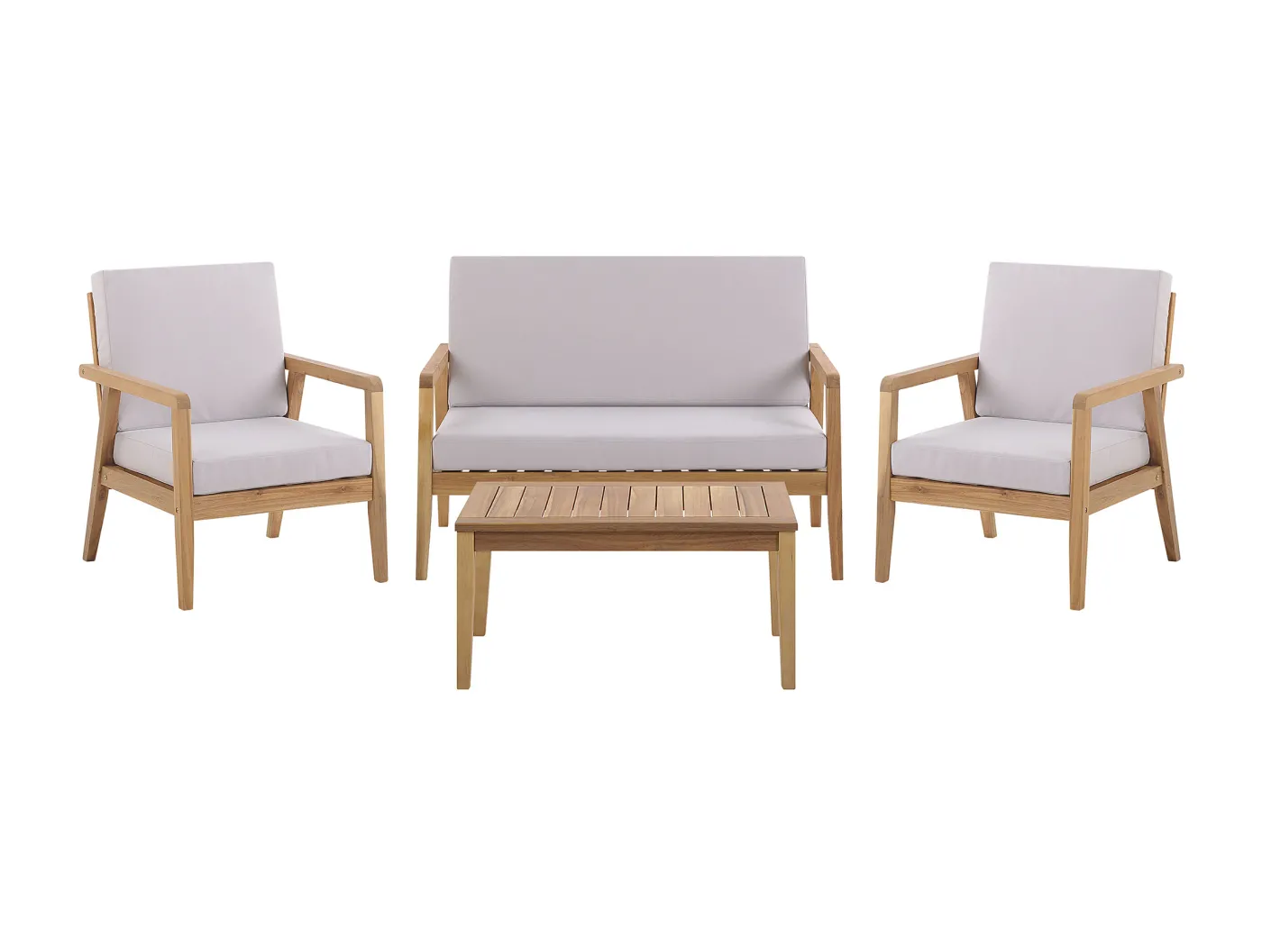 Loungeset Akazienholz Sofa 2 Sessel und Couchtisch mit Auflagen in Grau Pallano