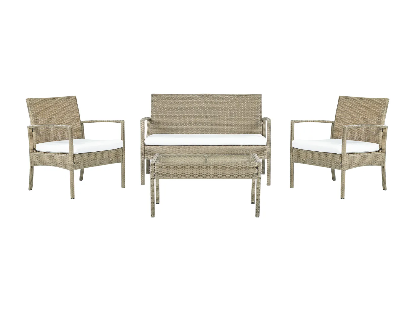 Gartenset Sofa 2 Sessel Couchtisch in Hellbraun mit Auflagen cremeweiß Marsala