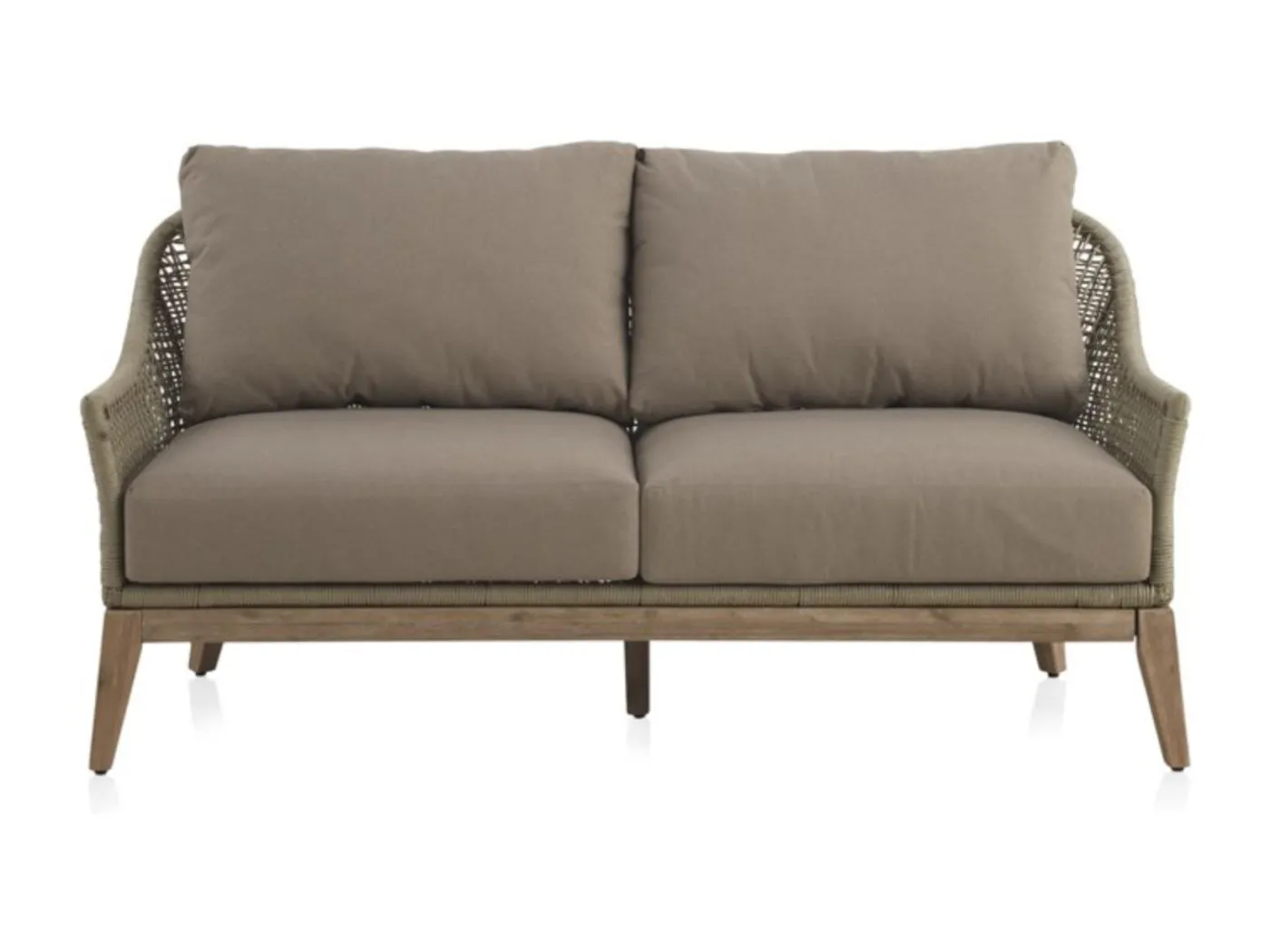 Akazienholzsofa mit Seilgeflecht und taupefarbenen Kissen