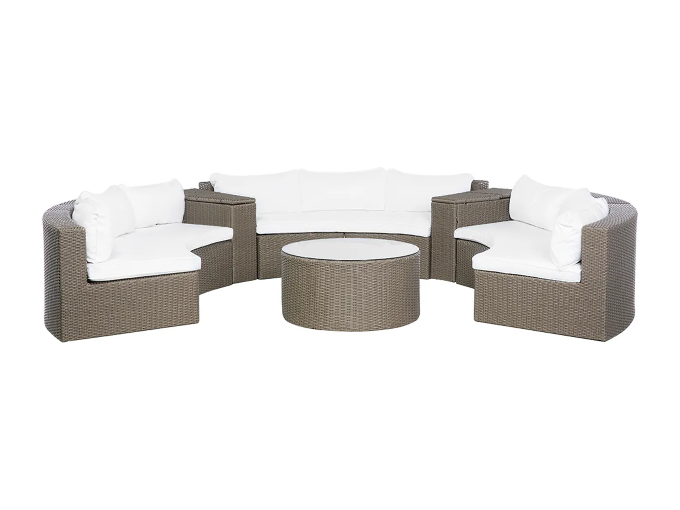 9-Sitzer Lounge Set Rattan braun rund mit Auflagen weiß Couchtisch Severo