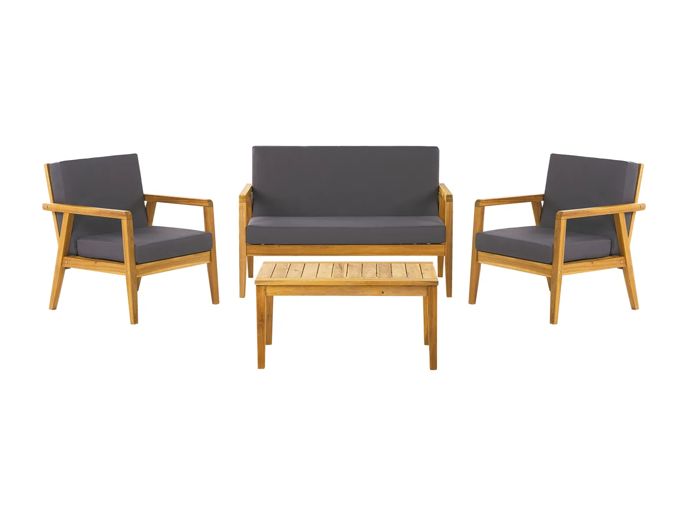 Loungeset Akazienholz Sofa 2 Sessel und Couchtisch Auflagen Dunkelgrau Pallano