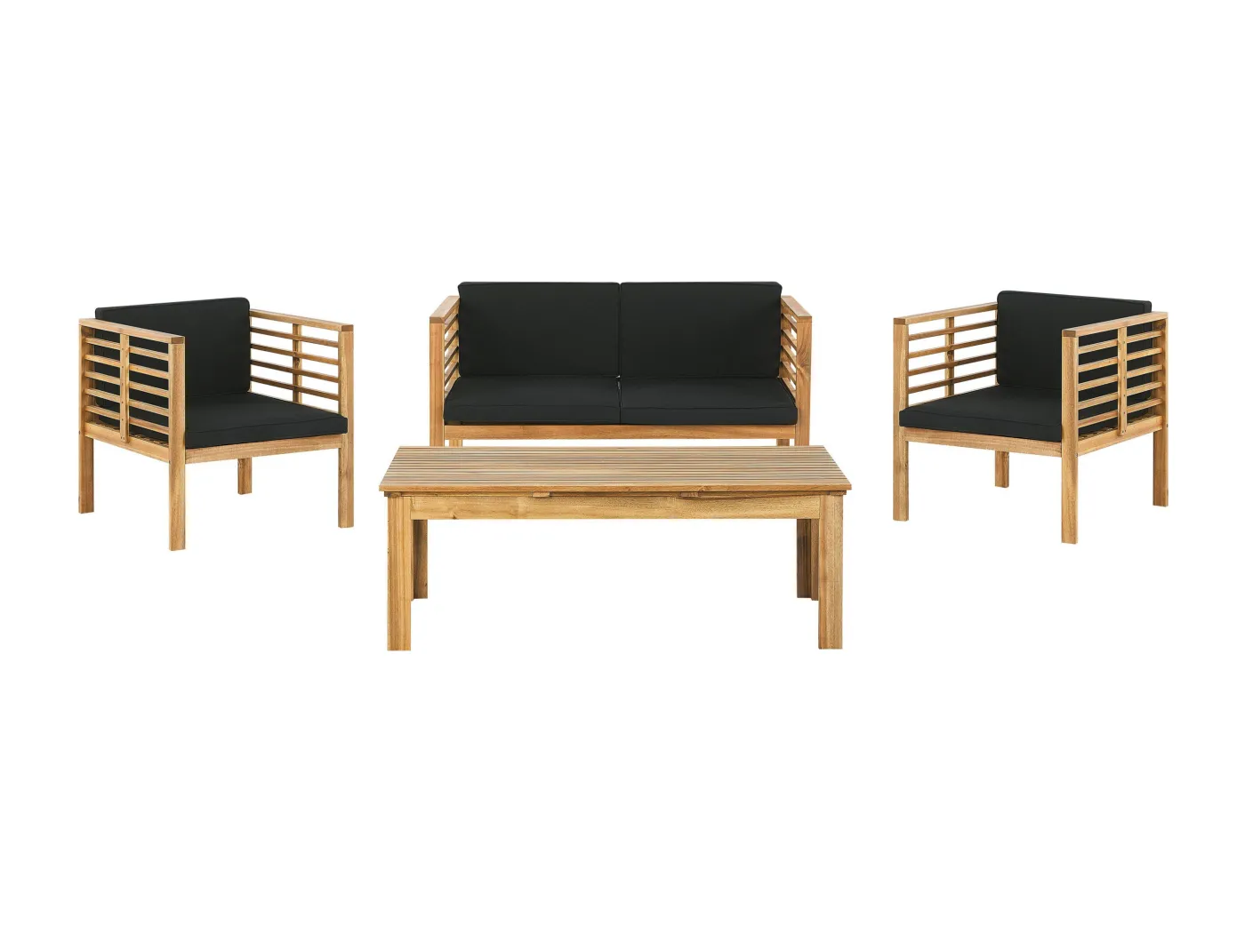 Gartenmöbel Set Akazienholz hellbraun Sofa Tisch 2 Sessel Kissen schwarz Pacific