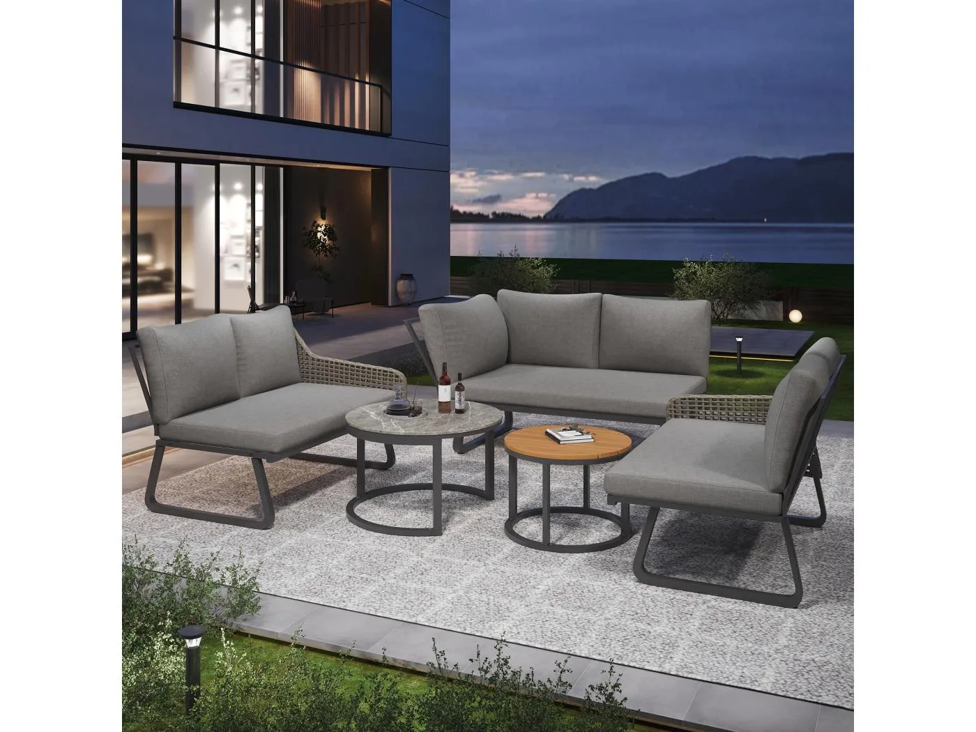Gartenmöbel-Set für 6-7 Personen, Outdoor-Lounge-Set, Rattan-Handwerk, verstellbare Beine, mit Sitz- und Rückenkissen, grau