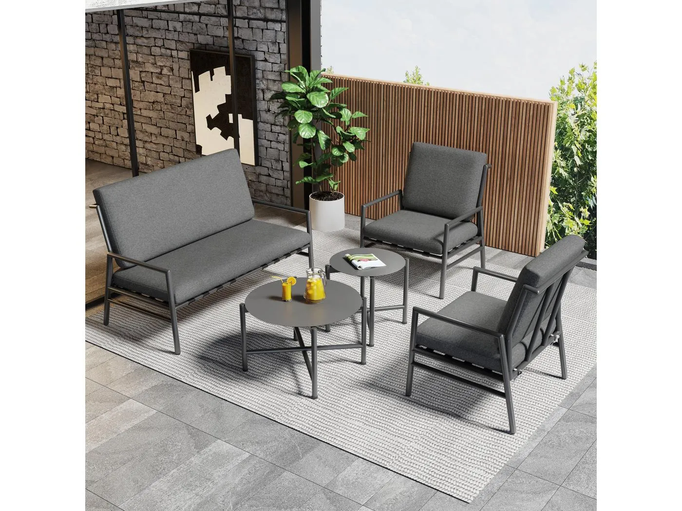 4-teiliges Outdoor-Sofa-Set, 4 Sitzplätze + 2 runde Couchtische, abnehmbare und waschbare Kissen, grau