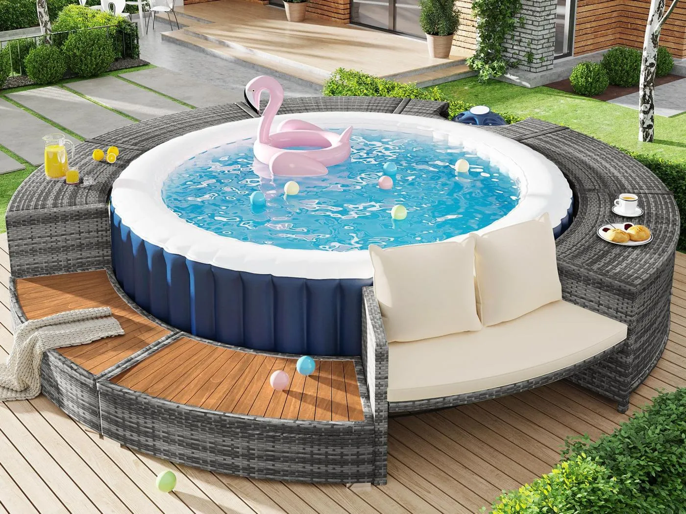 Gartenmöbel-Set für Schwimmbad – aus PE-Rattan und Akazienholz – mit Chaiselongue-Sofa – Grau (Pool nicht im Lieferumfang enthalten)