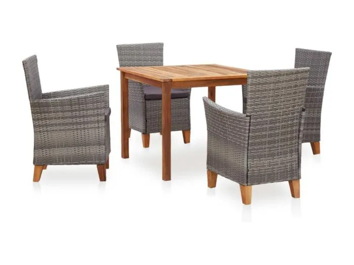 5-tlg. Garten-Essgruppe Poly Rattan und Massivholz Akazie Grau