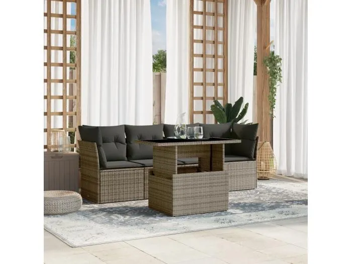 5-tlg. Garten-Sofagarnitur mit Kissen Grau Poly Rattan