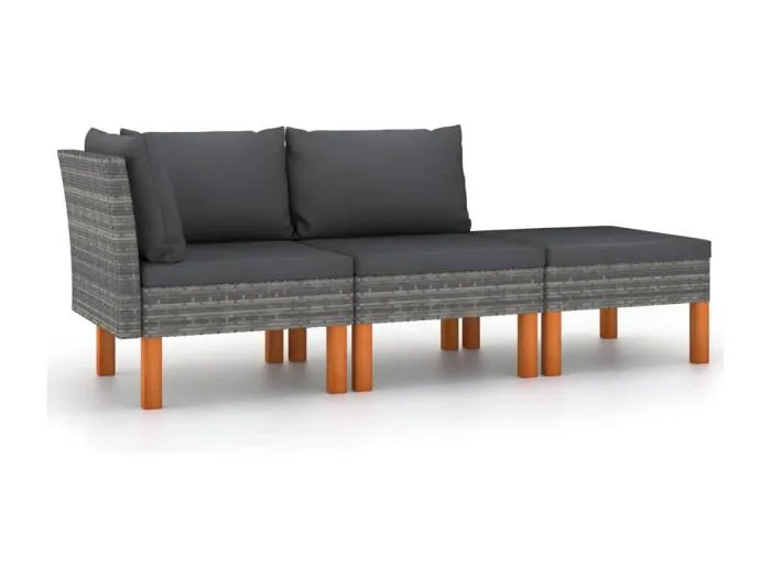 3-tlg. Garten-Lounge-Set Poly Rattan und Massivholz Eukalyptus