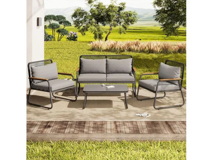 Gartenmöbel mit Gestell aus verzinktem Eisen, Tischplatte aus gehärtetem Glas, verstellbare Tischbeine mit Sitz und Kissen, grau