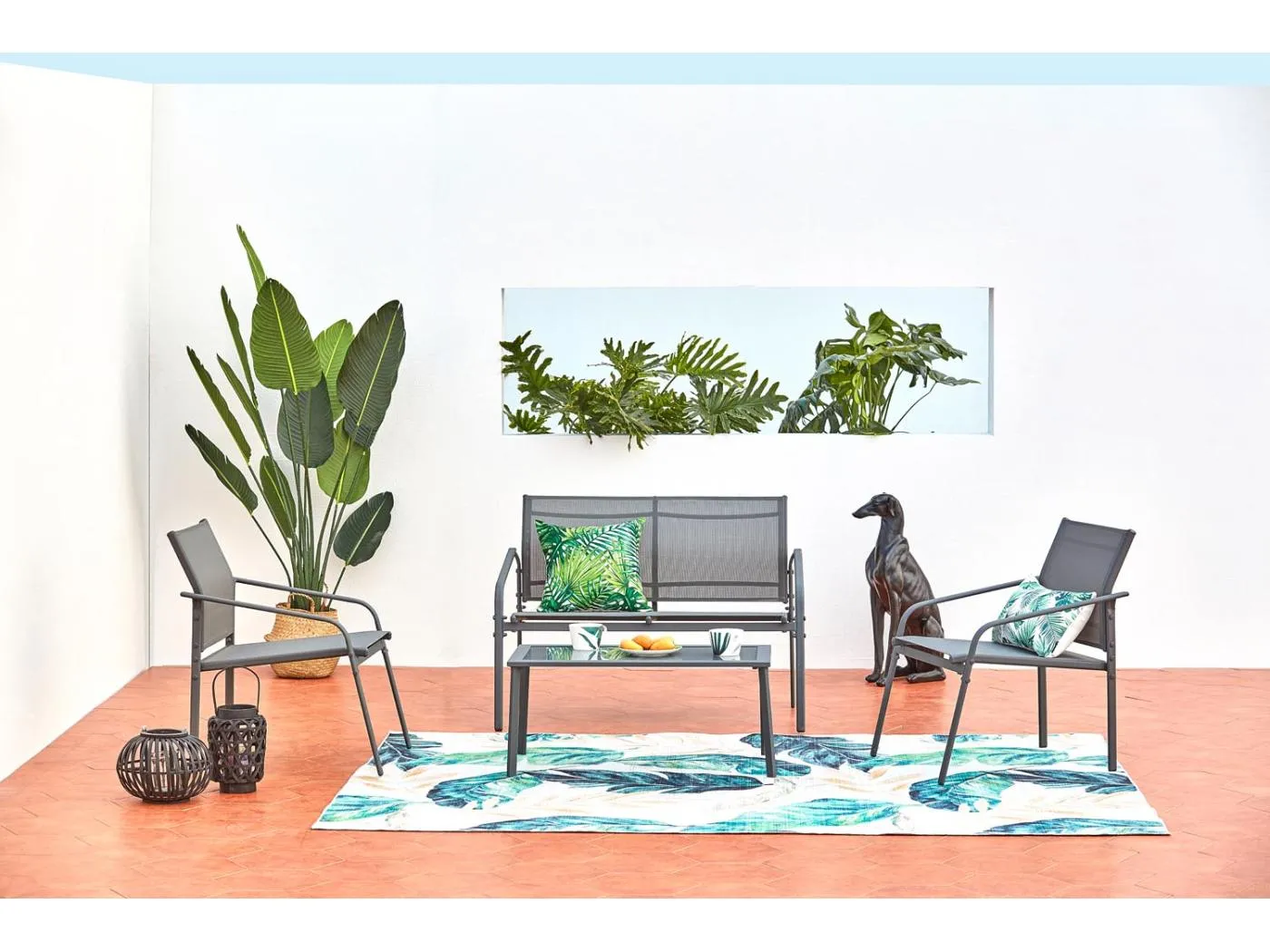 Niedriges 4-Sitzer-Gartenmöbelset in Grau aus Stahl ETIORA - Schlichtes Design, Robustheit und Eleganz für Ihren Außenbereich