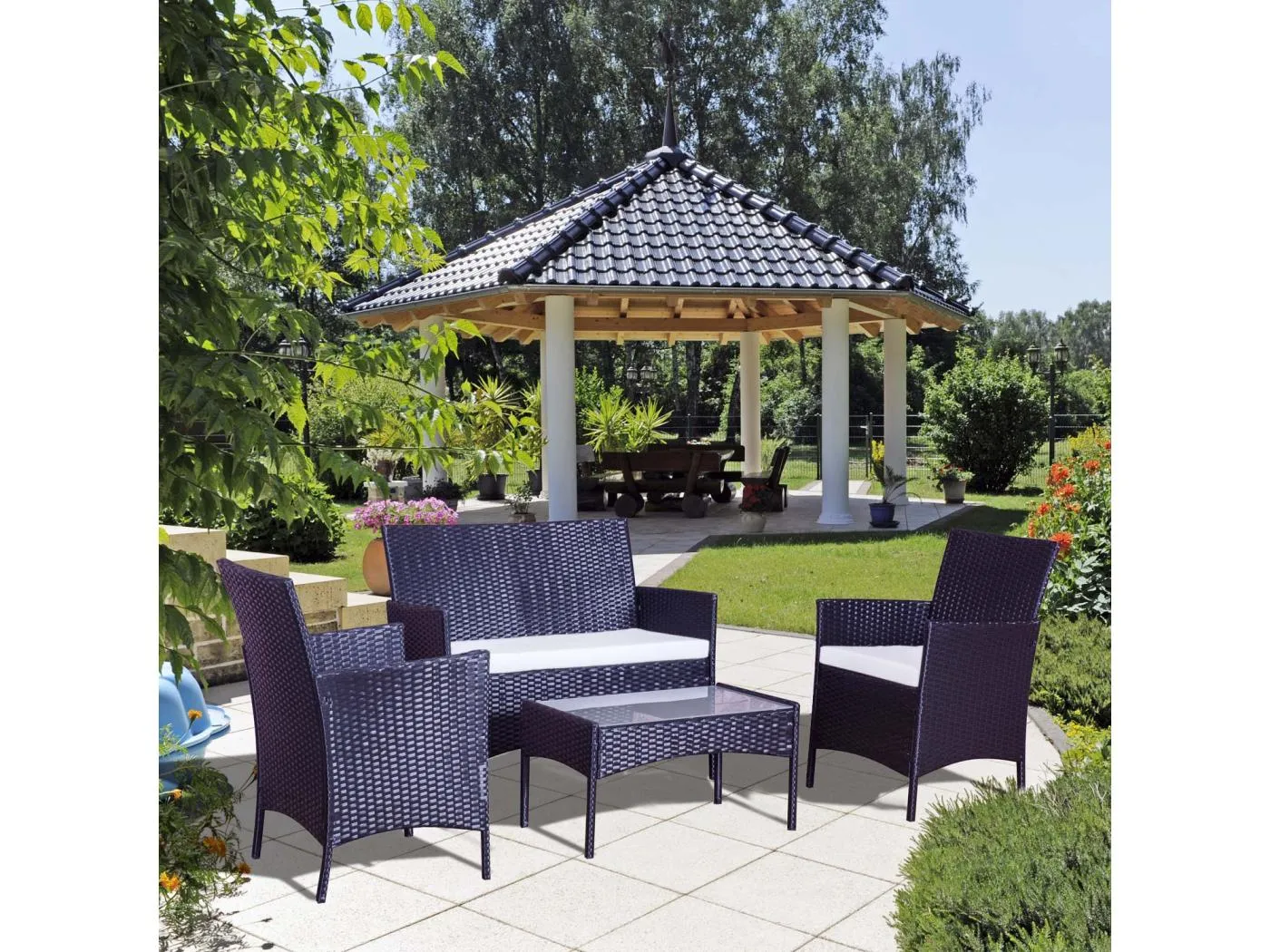 4-Sitzer Gartenmöbel-Set aus schwarz/weißem Rattan MYKONOS Modern und Design