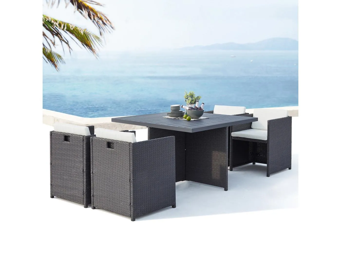 Gartenmöbel-Set aus geflochtener Kunststoffrattan und Aluminium in Grau/Weiß für 4 Personen SUNSET