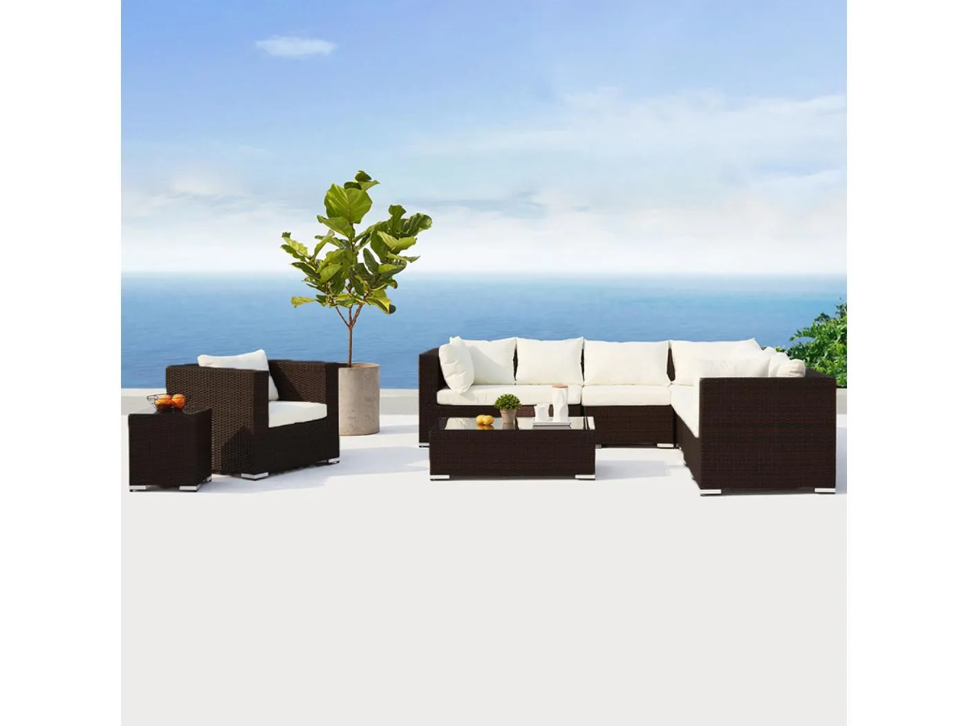 Panorama Gartenmöbelset 8 Plätze aus braunem und weißem Kunststoffgeflecht SALENTO